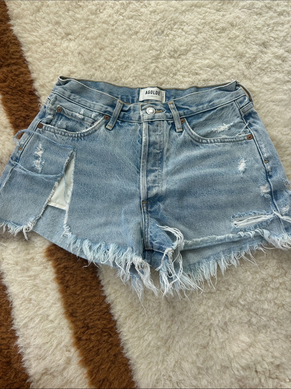 Agolde Parker Light Wash Distressed Frayed-Hem Denim Shorts